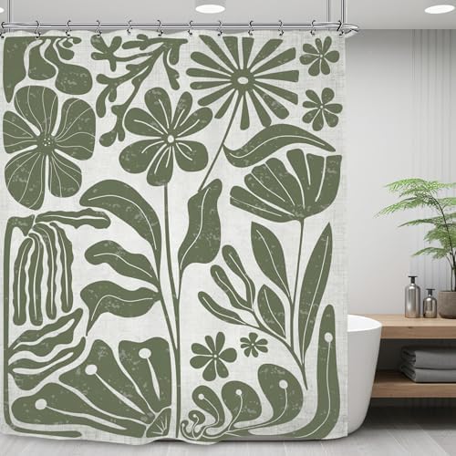 Sage Green Retro Matisse Flower Shower Curtain 60Wx72L Inch Vintage Aesthetic Minimalist Cute Art 70s Trendy Modern Bathroom Set Accessories Decor with 12 Pack Hooks