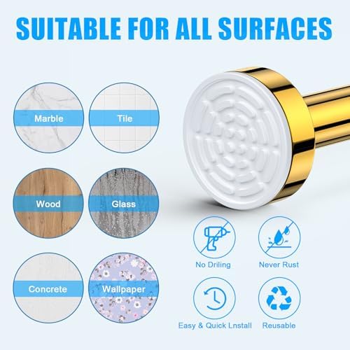 TEECK Shower Curtain Rod, 32-43 inch Adjustable Spring Tension Curtain Rod, Never Rust Anti-Slip Shower Curtain Rod for Bathroom, No Drilling, Never Collapse, Easy to Use, Gold