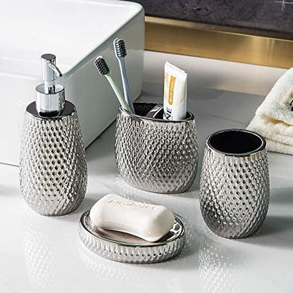 Silver Bathroom Accessory Set 4 Piece Ceramic Bath Accessories Sets Complete, Rain- Drop Shaped Bathroom Essential with Toothbrush Holder & Dish, Tumbler, Soap Dispenser Set for Bath Decor