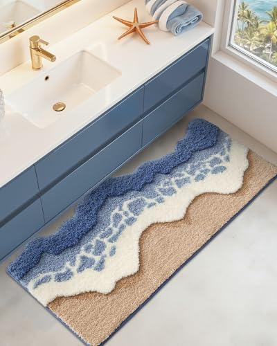 DEXI Cute Bath Mat, Sea Ocean Wave Bathroom Rugs, 43x26 Blue