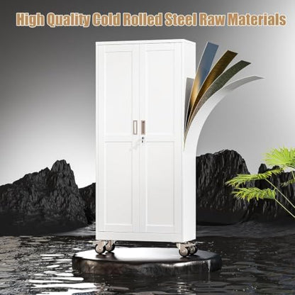 47" Metal Garage Storage Locker Cabinet with Wheels,Rolling White Kitchen Pantry Cabinet with 2 Doors and 3 Adjustable Shelves, Steel File Tool Cabinet for Home Office Living Dinning Room Warehouse