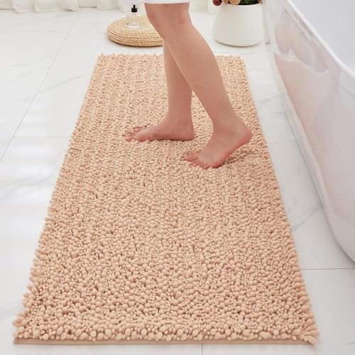 Bathroom Rugs Non Slip Washable 70x24, Extra Thick Soft Chenille Absorbent Bath Mat, High Density Barrier Non Slip Backing, Quick Dry Plush Shaggy Floor Carpet for Tub&Shower, Beige