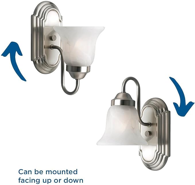 Progress Lighting 1 Light Bathroom Vanity Light, Modern Bath Lighting Fixture with White Glass Shade for Over the Mirror, Alabaster Glass Collection, Reversible Mounting, Brushed Nickel (P3051-09)