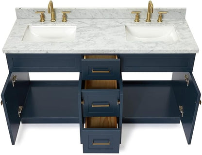 ARIEL Hamlet 60-inch Bathroom Vanity with Sink,Solid Wood, 1.5-inch Italian Carrara Marble Countertop, Double Rectangular Porcelain Sink, 4 Soft Closing Doors, 3 Dovetail Drawers, Midnight Blue