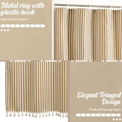 HunnmingRe Taupe Farmhouse Striped Shower Curtain Tasseled 72x72 Inch