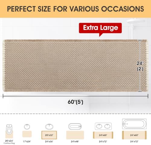 IM HOME Waffle Bath Mat Beige & White 5'x2', Boho Woven Modern Bath Mat Rugs, Absorbent Non Slip Bathroom Rugs, Soft Washable Bath Rugs with Tassels for Bathroom, Bedroom, Kitchen, Shower, Tub