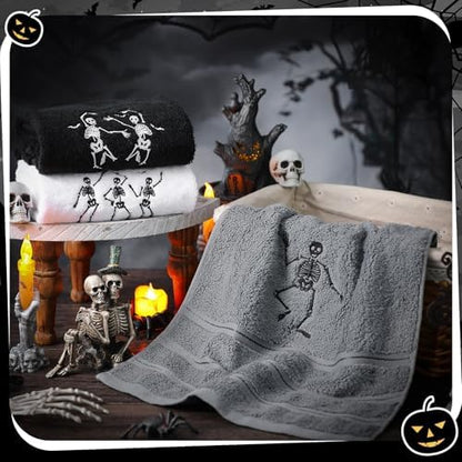 FuWeave 3 Pcs Black White Halloween Skeleton Hand Towels for Bathroom