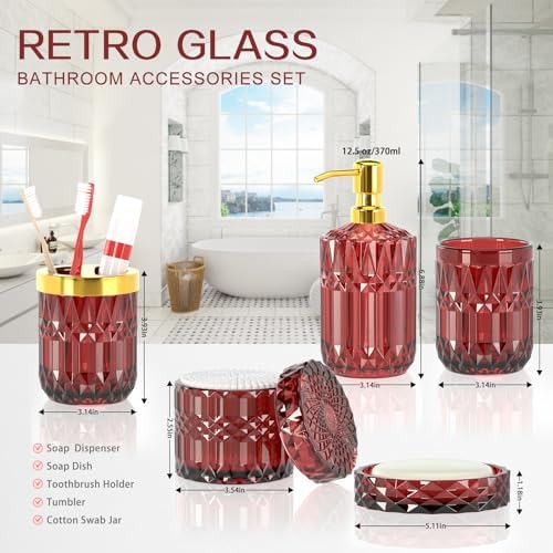 Red Bathroom Accessories Set, Glass Soap Dispenser Set with Rust Proof Stainless Steel Pump, Soap Holder, Toothbrush Holder, Tumbler, Cotton Swab Jars, Wine Red Bathroom Set Bathroom Decor Sets Gift
