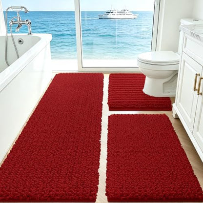 ACCUMTEK Upgrade Extra Large Red Bathroom Rug Set 3 Pieces Ultra Soft, Thick Absorbent Bath Mats, Non Slip Chenille Toilet Mat for Bathroom, Bedroom, Kitchen