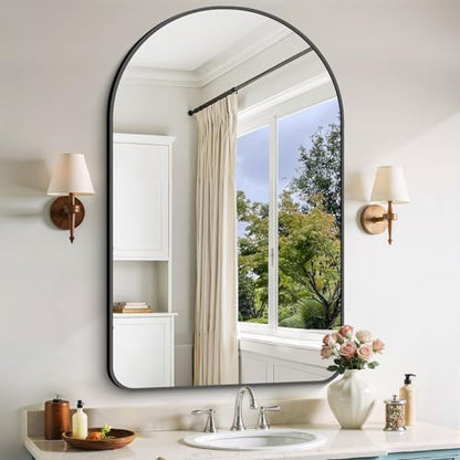 GLASHOM Arched Bathroom Mirror, 30"x48" Black Arched Mirror for Bathroom, Wall Mounted Mirror, Black Vanity Wall Mirror w/Metal Frame for Bedroom, Entryway, Living Room, Vertically Hanging