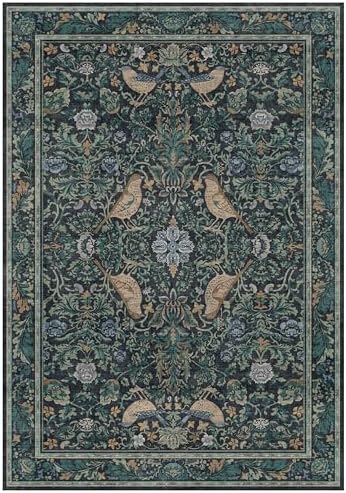 Boho Living Room Rug, 7x10 Floral & Bird Pattern Area Rug for Dining Room, Washable Farmhouse Soft Bedroom Carpet, Low Pile Blue and Green Home Décor, Non Slip & Stain Resistant