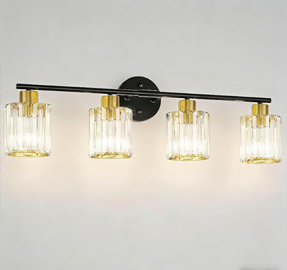 Crystal Bathroom Light Fixtures, Bathroom Lighting Fixtures Over Mirror, Modern Black Gold 4-Light Vanity Lights for Mirror, Restroom, Bedroom (Ceramic E26 Socket,Bulbs Not Include)