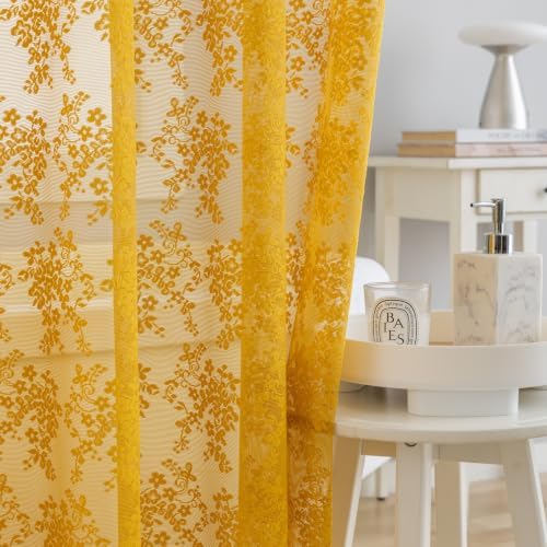Mustard Yellow Lace Shower Curtain with Attached Valance 72x84 Inch