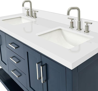DKB Olivia 60" Midnight Blue Double Bathroom Vanity, 1.5" Pure White Quartz Countertop, Rectangular Undermount Sinks, 4 Soft Closing Doors, 3 Full Extension Dovetail Drawers
