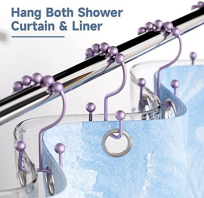 Titanker Shower Curtain Hooks Rings, Rust-Resistant Metal Double Glide Shower Hooks for Bathroom Shower Rods Curtains, Set of 12 Hooks - Greyish-Purple