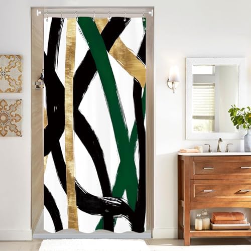 Stall Abstract Sage Green Black Shower Curtain 36Wx72L Inch Half Small Line Minimalist Contemporary Modern Simple Art Bathroom Set Accessories Decor with Plastic Hooks