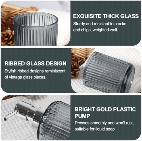 KASUNTING Gray Glass Bathroom Accessories 4 Pcs, Grey Bathroom Set, Soap Dispenser and Toothbrush Holder Set, Qtip Holder Set, Vintage Bathroom Sink Set, Modern Bathroom Decor