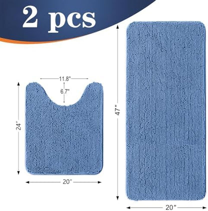 OLANLY Chenille Bathroom Rugs Set 2 Piece, 47"x20"+24"x20", Cornflower Blue