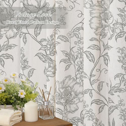Grey Boho Linen Fabric Shower Curtain , Farmhouse Floral For Bathroom