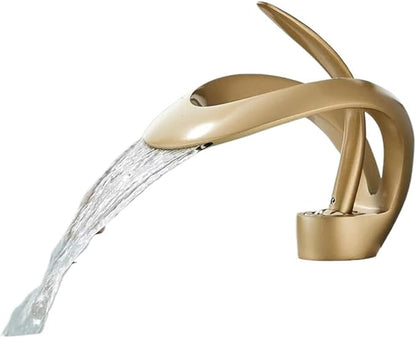 Faucet Modern Brass Bathroom Basin Faucet with Waterfall Spout Deck Mount Hot Cold Water Mixer Tap Durable Construction(Gold) Faucet
