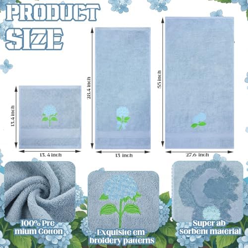 3 Pcs Hydrangea Floral Bathroom Towel Set Farmhouse Embroidered Hydrangea Floral Towels Vintage Decorative 100% Cotton Bath Towel Highly Absorbent Elegant Decor Set for Bathroom