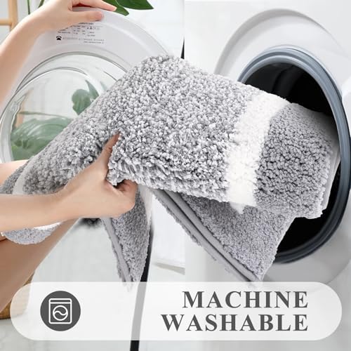 Pauwer Bathroom Rugs 3 Piece Set, Non Slip Washable Bath Mat, Light Grey