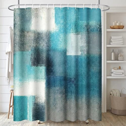 ArtSocket Bathroom Set, Shower Curtain and Bath Rugs Abstract Teal Grey