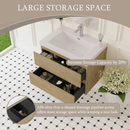 KEIKI 30'' Wall-Mounted Bathroom Vanity with Sink - Floating Design, 2 Soft-Close Drawers & Resin Basin, Space-Saving for Small Bathrooms, Natural Oak