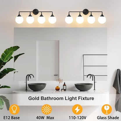 Black Bathroom Light Fixtures Over Mirror Vanity 4-Light | Mid Century Modern Matte Black Wall Sconce with Milky White Glass Ball Shades for for Bathroom Dressing Table Bedroom