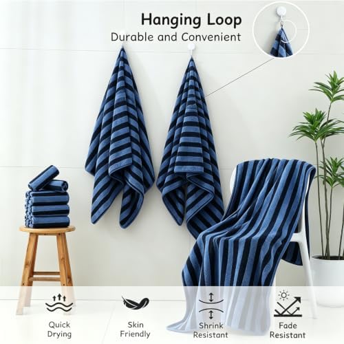 18 Pcs Navy Black Cabana Stripe Bath Towel Set with Hanging Loop-6 Bath Towels,6 Hand Towels,6 Washcloths Soft Microfiber Family Towels Highly Absorbent Shower Towel for Bathroom Beach Spa Gym