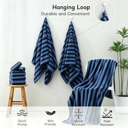 18 Pcs Navy Black Cabana Stripe Bath Towel Set with Hanging Loop-6 Bath Towels,6 Hand Towels,6 Washcloths Soft Microfiber Family Towels Highly Absorbent Shower Towel for Bathroom Beach Spa Gym