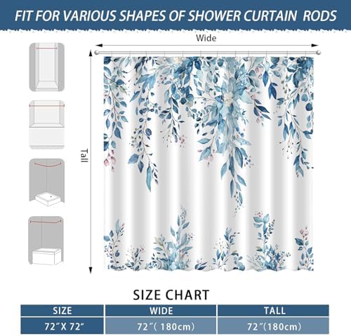 Eucalyptus Shower Curtain, Aesthetic Art Watercolor Plant Leaves with Floral Bathroom Decor, Waterproof Fabric Cloth Bath Curtain Set with Hooks (Blue, 72" W x 72" L)