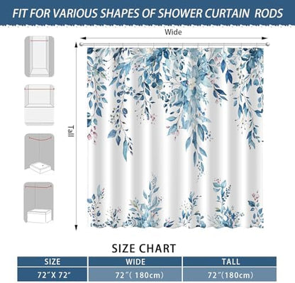 Eucalyptus Shower Curtain, Aesthetic Art Watercolor Plant Leaves with Floral Bathroom Decor, Waterproof Fabric Cloth Bath Curtain Set with Hooks (Blue, 72" W x 72" L)