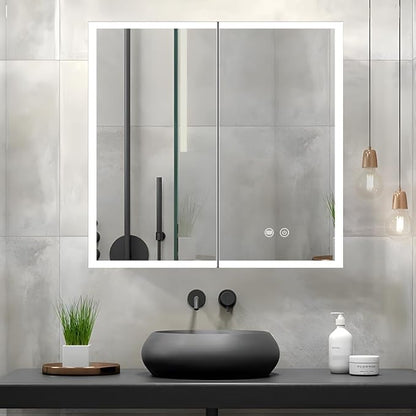 LED Medicine Cabinet with Light,30×32inch,Recess Mirror Cabinet for Bathroom,3 Color,Dimmable,Demister,Detachable Side Plate,Recess Mount or Surface Mount