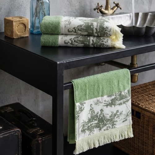 2 Pack Sage Green Hand Towels with Tassels for Bathroom Kitchen Decor, 13x32Inch 100% Cotton Ultra Soft Highly Absorbent,Farmhouse Vintage Towels for French Country Decor