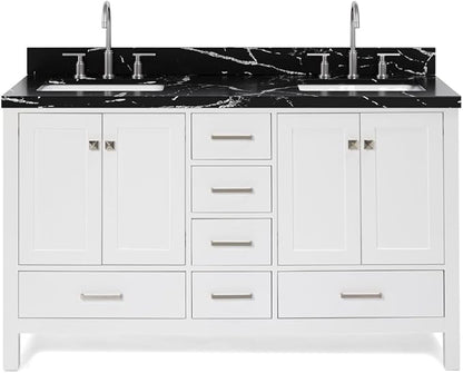ARIEL Cambridge 60 Inch Double Rectangle Sink Bathroom Vanity with Nero Marquina Black Quartz Countertop 1.5 Inch in White