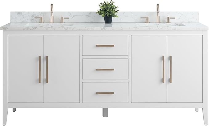 Vanity Art 72 inch Bathroom Vanity with Double Sink & Ceramic Top, Vanity Cabinet with Soft-Closing Doors, Drawers, Solid Wood Frame, White, Brushed Nickle Handware