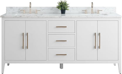 Vanity Art 72 inch Bathroom Vanity with Double Sink & Ceramic Top, Vanity Cabinet with Soft-Closing Doors, Drawers, Solid Wood Frame, White, Brushed Nickle Handware