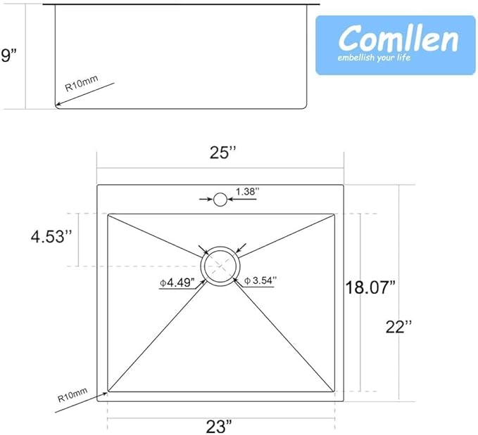 Comllen 25 x 22 Inch Drop In Black Kitchen Sink,Topmount 16 Gauge Stainless Steel Black Kitchen Sinks, 9 Inch Deep Utility RV Sink with Basket Strainer