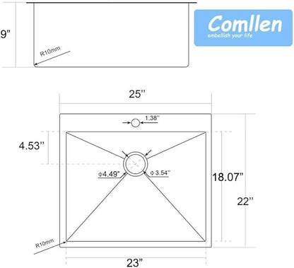 Comllen 25 x 22 Inch Drop In Black Kitchen Sink,Topmount 16 Gauge Stainless Steel Black Kitchen Sinks, 9 Inch Deep Utility RV Sink with Basket Strainer