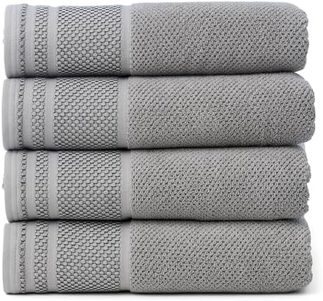 Texere 100% Organic Cotton Rice Weave Jacquard 700 GSM Luxury Bath Towel Sets - Ultra Soft and Absorbent Hotel and Spa Quality (Rice Weave, Cathedral Gray, 4 Bath Towels)
