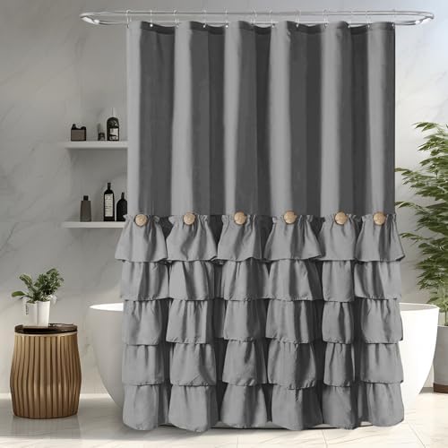 Seasonwood Grey Ruffle Shower Curtain Farmhouse Shower Curtain 72 X 84