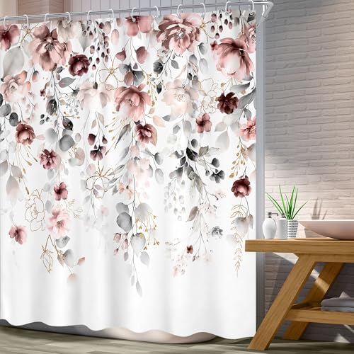 Extra Long Floral Grey Pink Leaves Bathroom Shower Curtain Set