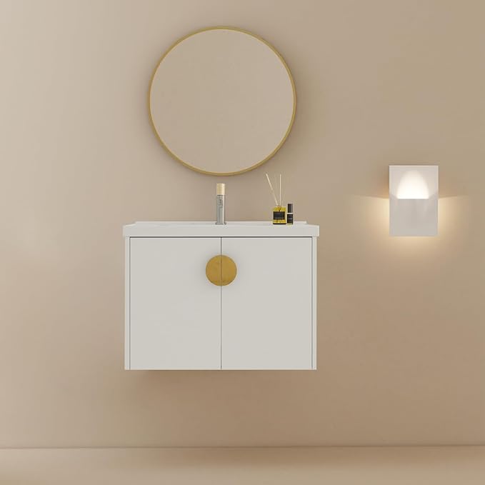 28inch Wall Mount Bathroom Vanity w/Sink Combo for Small Space, Modern Ceramic Countertop Double Door Cabinet, Floating White Vanity Set w/Gold Handle