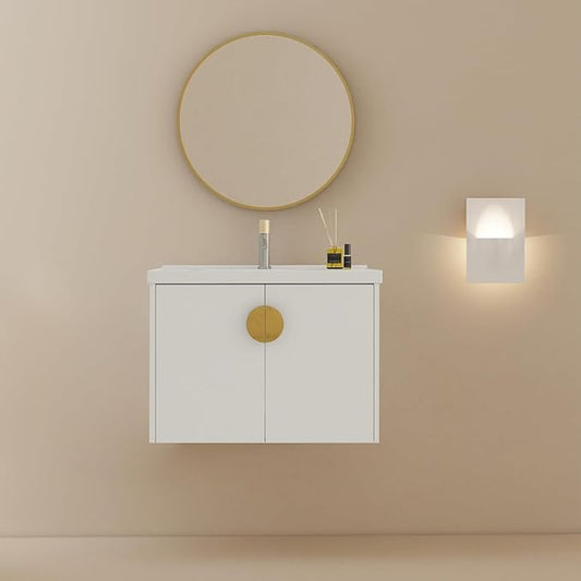 28inch Wall Mount Bathroom Vanity w/Sink Combo for Small Space, Modern Ceramic Countertop Double Door Cabinet, Floating White Vanity Set w/Gold Handle