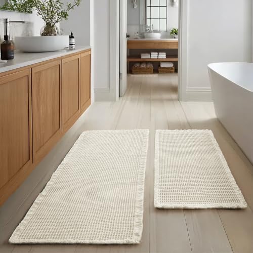 JIUZHEN Set of 2 Waffle Bath Mats Boho Bathroom Runner Rug 20"x32"+24"x48"