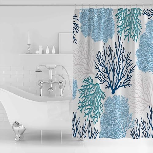 Shower Curtain Bathroom Set Classic Sea Blue Coral Waterproof Shower Curtains with Grommets Hooks Abstract Marine Life Scenery Privacy Bath Curtain for Bathtub Decor 60x72in