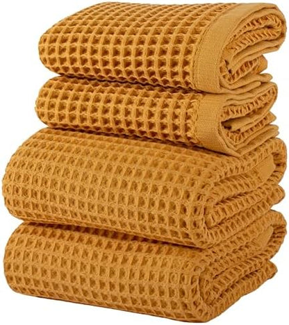 PÜSKÜL Natural 100% Turkish Cotton Waffle Towels Set of 4-Piece, Mustard Y.