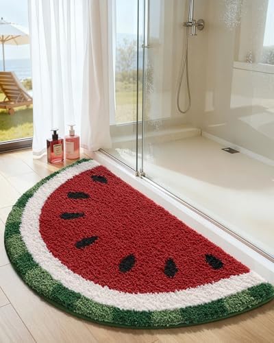 DEXI Cute Watermelon Bath Mat, Half Round Fruit Bathroom Rugs 36x20