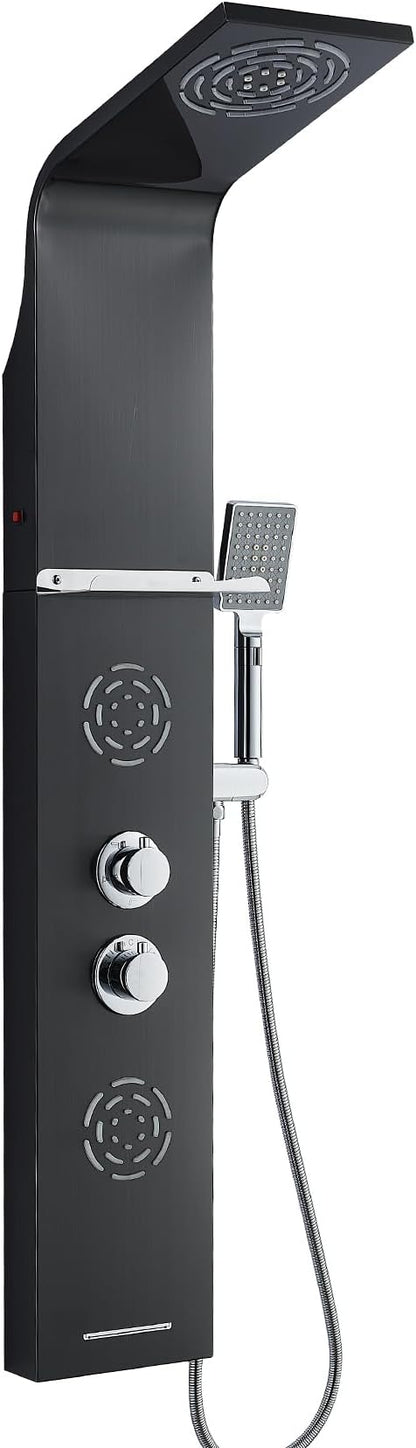 POPFLY LED Shower Panel Tower System with Shelf, MIST & Rainfall Shower Head and Rain Massage System with 2 Body Jets, Tub Spout, Handheld Shower with 59" Hose, 304 Stainless Steel, Matte Black